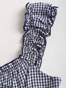 Sweetra Bộ jumpsuit nữ kiểu dáng retro thanh lịch, gợi cảm, màu xanh kẻ caro, xếp ly, thắt nơ ở eo, không tay, ống rộng, thoải mái, phù hợp cho đi làm, đi chơi, du lịch và mặc thường ngày. - Màu xanh lam - Xem 4