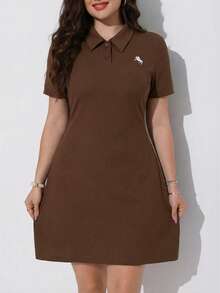 SHEIN EZwear 大码经典白色Polo领连衣裙，夏季 - 棕色 - 查看 5