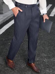 Manfinity Bizformal 男士条纹纽扣休闲百搭通勤商务裤 - 藏蓝色 - 查看 4