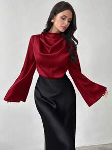 Firerie Women's Elegant Long-Sleeved Shirt / Glossy Top / Faux Silk Satin Shirt / Commuter Shirt / Brown Blouse / Office/Business Attire / New Year's Look / Vintage Style Shirt / Bell Sleeve Shirt - Red - View 8