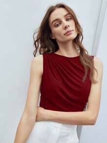 MOTF PREMIUM WOMEN'S SOLID RUCHED SLIM FIT TANK TOP - Red - View 4