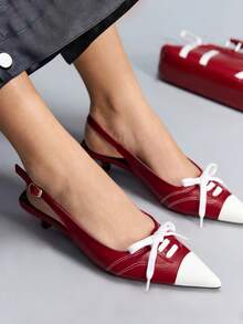 CUCCOO GRLICON New Red & White Color Block Pointed Toe Lace-Up Kitten Heel Shoes, Niche Design Motorcycle Style, Suitable For Spring/Summer, Vacation, Travel, 2000s Fashion - Red and white color matching - View 2