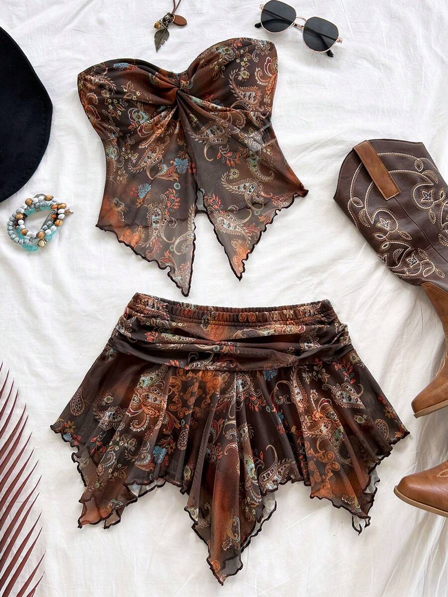 Soleia 女士度假风扭结设计腰果印花抹胸上衣和迷你裙套装，适合海滩、海边、音乐节、派对、夏季穿着 - 彩色 - 查看 1