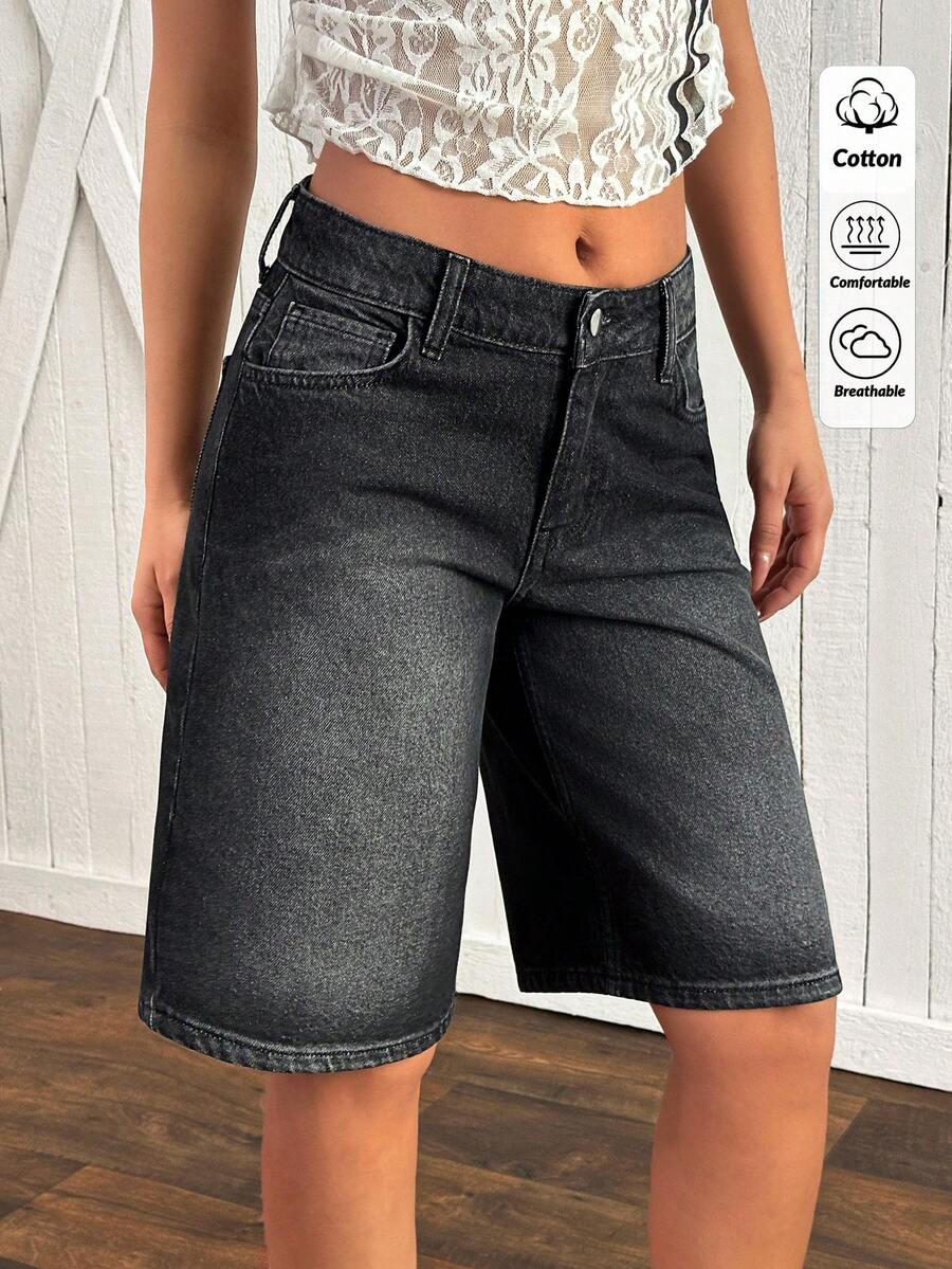 EURMUSE 女士休闲百搭百慕大牛仔短裤，带口袋 - 中等水洗藍 - 查看 1