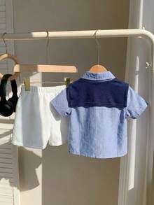 SHEIN 4件套男宝宝夏季可爱条纹短袖衬衫、松紧腰短裤、披肩、绅士套装（含腰带），适合生日派对、晚宴、演出、婚礼、迎婴派对、一周岁生日庆祝等场合。 - 彩色 - 查看 2