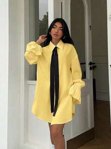 SHEIN PariChic Women's Loose Pleated Long Sleeve Contrast Collar Blouse - Yellow - View 6