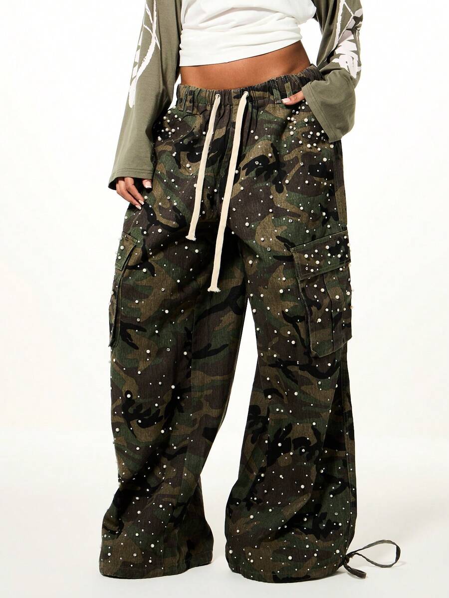 SUMWON WOMEN Low Rise Camouflage Cargo Pants With Pearl Rhinestone Embellishments Wide Leg Parachute Trousers Drawstring Waistband Military Inspired Baggy Pants - Army Green - View 1