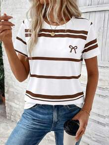 EMERY ROSE Casual Fashion New Round Neck Short Sleeve Bowknot Striped Print T-Shirt - Multicolor - View 4