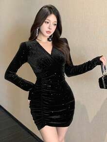 DAZY 女士优雅水钻褶皱紧身连衣裙，秋季闪亮连衣裙 - 黑色 - 查看 2