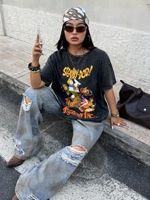 SCOOBY-DOO X SHEIN 大码字母与人物图案圆领短袖T恤 - 黑色 - 查看 2