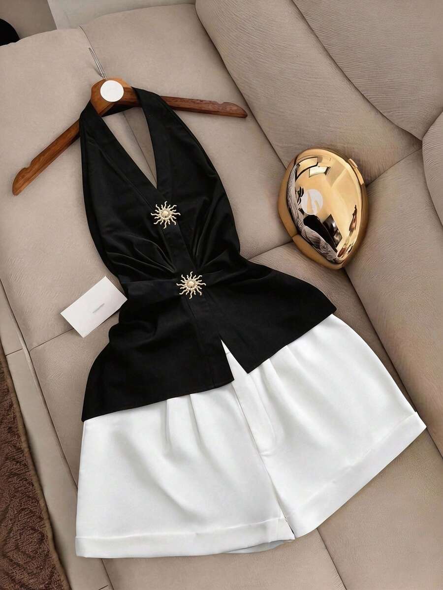 INAWLY 2pcs/Set Women Halter Metal Buckle Backless Elegant Sexy Ruched Waist Summer Outfit - Multicolor - View 1