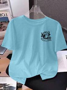 INAWLY Plus Size Women's Fashion Cow Pattern & Letter Round Neck T-Shirt - Blue - View 1