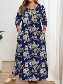 EMERY ROSE Vestido de manga larga con cuello redondo, de talla grande, con estampado de bordado floral romántico blanco y azul elegante, adecuado para fiestas - Multicolor - Ver 3