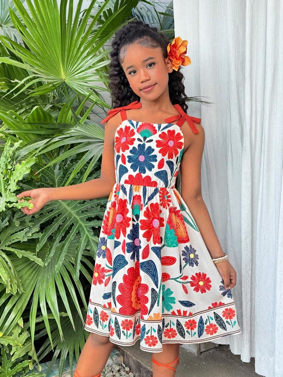 Tween Girls Elegant Pink Dress, Rose Flower Print Spaghetti Strap Ruffle Hem Bow Shoulder A-Line Dress, Suitable For Vacation, School, Outings, Spring/Summer - Multicolor - View 1