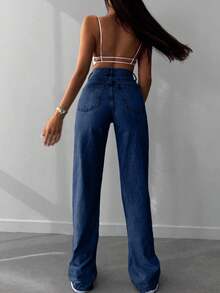 SHEIN Tall High Waist Raw Hem Wideleg Jean - Dark Wash - View 2