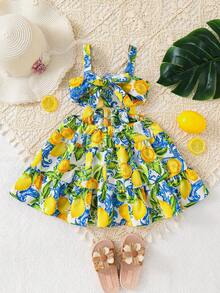 SHEIN Young Girl Frill Trim Keyhole Back Butterfly Sleeve Dress ,Lemon Print Ruffle Sleves Long Dress , Summer Vacation,Mom And Daughter & Sisters Matching Style ,Matching Family Vacation , Holidays,Beach Vacation, Lemon Print Dress For Girls, Girls Summer Dress - Yellow - View 2