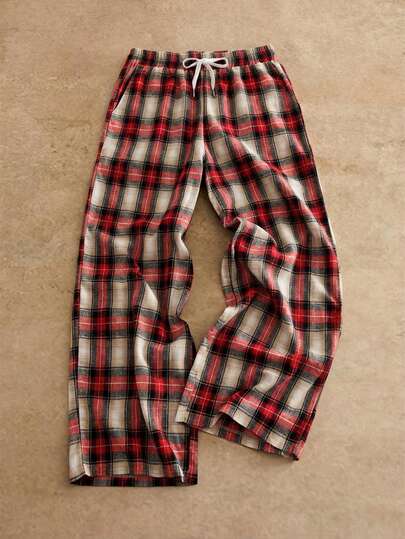 HIMLAND Men's Plaid Wide Leg Loose Woven Elastic Waist Pants With Pockets Mens Drawstring Pants Lounge Pants Plaid Pajama Pants Men Plaid Pants Men Pajama Pants
