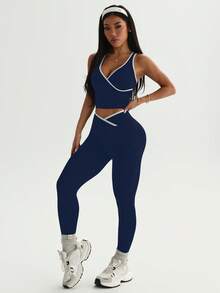 Dewbera 女士无缝瑜伽运动套装，撞色背心和腰带交叉撞色滚边紧身裤 - 藏蓝色 - 查看 8