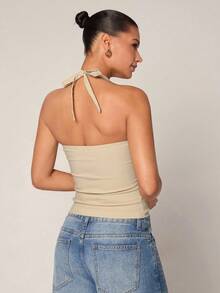 SHEIN PETITE 女士优雅性感露背系带短款吊带背心 - 杏色 - 查看 2