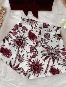 Soleia Multicolor Women's Shirred Bandeau Neck Knitted Two Piece Outfit Sleeveless Crop Top And Plant Pattern Short Skirt Casual Set Summer Two Piece Sets High Waisted Two Piece Set - Multicolor - View 3