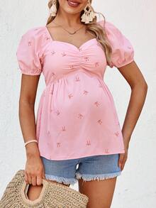SHEIN Maternity Summer Casual Vacation Valentine's Day Bow Print Sweetheart Neck Ruffle Short Sleeve Babydoll Top