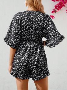 SHEIN 孕妇度假打结短袖休闲碎花连体裤 - 黑與白 - 查看 2
