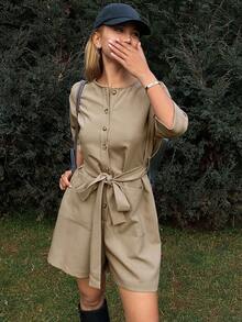 Livesso Women's Waist Cinched Crew Neck Mid-Length Sleeve Jumpsuit - Khaki - View 1