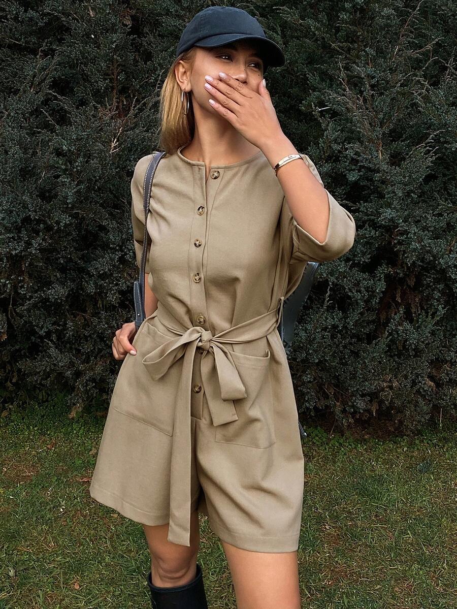 Livesso Women's Waist Cinched Crew Neck Mid-Length Sleeve Jumpsuit - Khaki - View 1