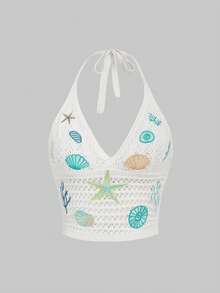 ROMWE Seaside Vacation Starfish & Shell Embroidered Knit Halter Top - Beige - View 7
