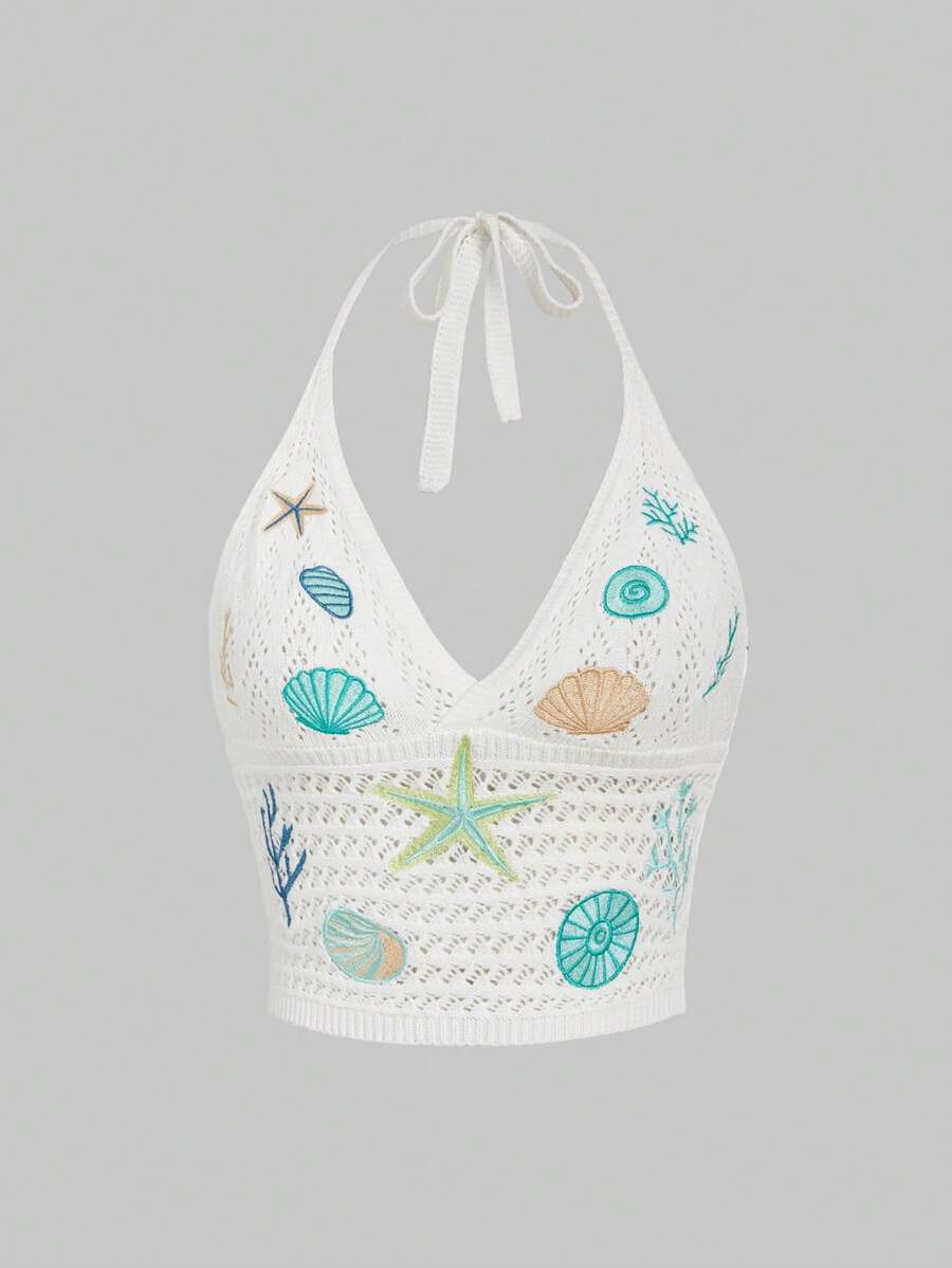 ROMWE 海滨度假海星贝壳刺绣针织露背上衣 - 米色 - 查看 1