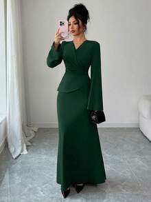 SHEIN Elenzya 女士优雅长款红色连衣裙，新年连衣裙，新年装扮，感恩节装扮，优雅派对礼服，长款派对礼服，婚礼宾客礼服，时尚婚礼晚礼服 - 綠色 - 查看 7