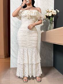 Feyla 女士优雅纯色蕾丝露肩鱼尾连衣裙 - 米色 - 查看 5