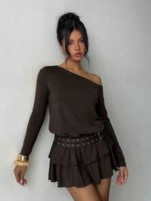 Aloruh Women's Solid Color Asymmetric Shoulder Ruffle Hem Mini Dress, Autumn - Brown - View 7