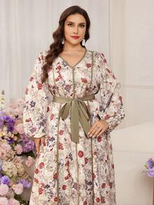 Modelyn 大码女式褶皱纹理撞色印花长袖优雅通勤连衣裙 - 彩色 - 查看 5