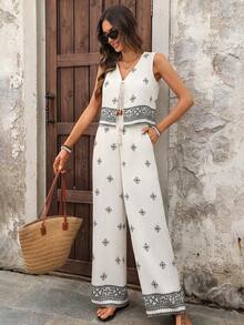 EMERY ROSE 女士极简印花无袖上衣和裤子两件套，夏季度假套装，适合女士度假、夏季海滩度假等各种场合，休闲百搭，优雅时尚。这款套装包含女士度假套装、夏季休闲套装、夏季度假装、休闲套装等，适合各种场合。 - 卡其色 - 查看 7