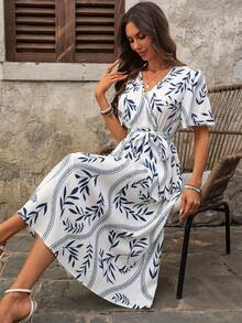 EMERY ROSE 女士休闲度假植物印花短袖连衣裙 - 藍白色 - 查看 8