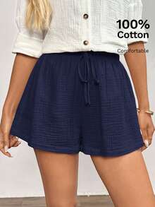 SHEIN LUNE Damen Baumwolle Shorts mit elastischem Bund, geeignet für tägliche Lässig und Retro-Stil, Sommer Shorts für Frauen, Strandshorts für Damen - marineblau - Übersicht 6