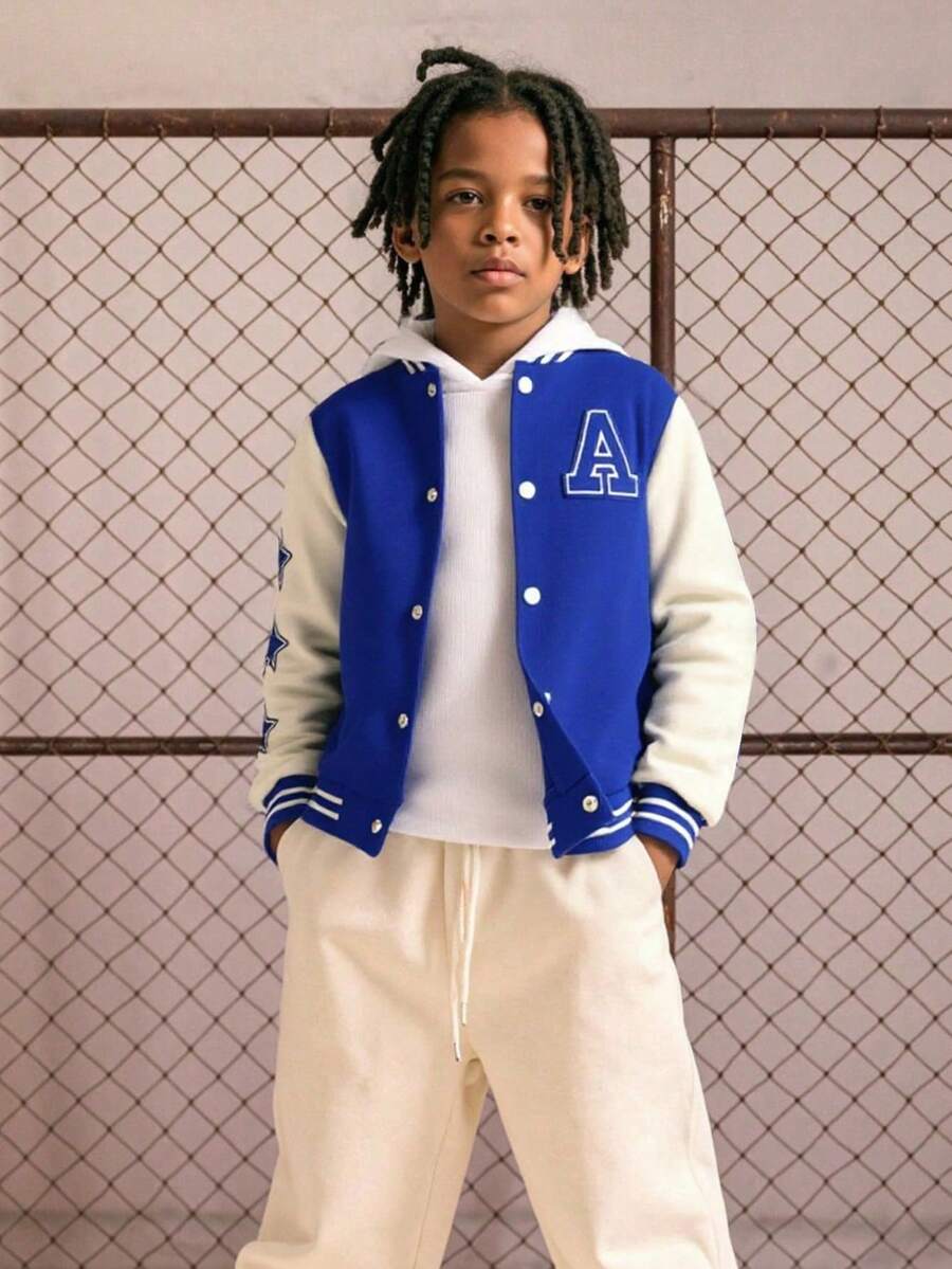 SHEIN Explorewe Tween Boy Letter Graphic Striped Trim Varsity Jacket Without Hoodie Chic Outfits For Autumn/Winter - Blue and White - View 1