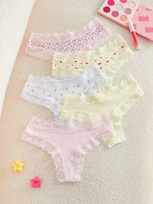 Bonmuse 5pcs/Pack Women's Sexy Lace Patchwork Seamless Low-Rise Thong Panties, Soft, Comfortable, Breathable, Suitable For Yoga, Sports And Daily Wear - Multicolor - View 16