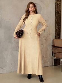 Flirla 大码女士优雅复古法式风格商务通勤纯色纹理面料圆领金属纽扣A字长袖连衣裙，适合派对、万圣节、圣诞节、感恩节、下午茶、新年等场合。 - 杏色 - 查看 6