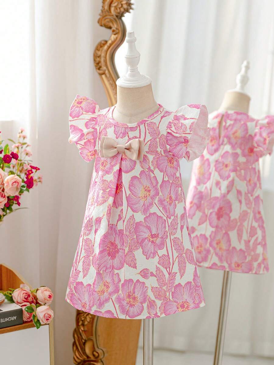 Glamorique Kids Baby Girls Spring/Summer New Jacquard Woven Bow Design Party Dress - Pink - View 1