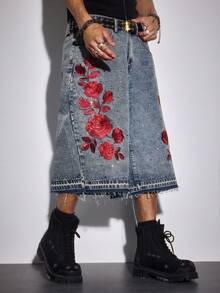 ROMWE MEN Street Life Quần short denim nam thêu hoa và đính đá. - Màu xanh lam - Xem 7