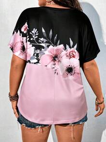 SHEIN 大码女式法式休闲优雅短袖印花T恤 - 彩色 - 查看 2