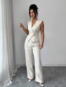 Elenzga Women's 2026 Spring/Summer New Elegant Minimalist Office Short Sleeve Suit Set - Apricot - View 4