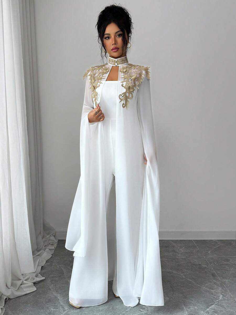 Elenzga Salopetă de damă cu dantelă aurie, set de 2 piese - imagine 8