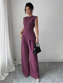 Rafferiza 2pcs/Set Women Solid Color Textured Pleated Round Neck Sleeveless Top - Purple - View 6