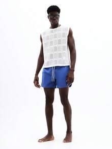 SUMWON Men Beach Swimming Shorts With Curved Hem And Palm Tree Logo Detail Summer Vacation Swim Trunks - Blue - View 4