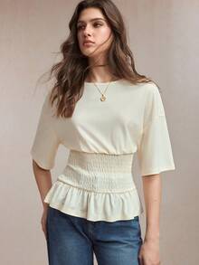 BizChic 2026 Spring/Summer New Beige Round Neck Textured Knit Raglan Sleeve Waist Gathered Slim Fit Ruffle Hem Women T-Shirt - Beige - View 6