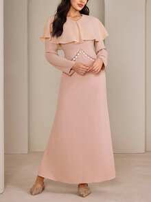Graceveil Women's Elegant Dusty Pink Maxi A Line Dress With V Neck Long Sleeves And Flared Hem Woven Fabric Plain Design Featuring Zipper - Dusty Pink - View 3