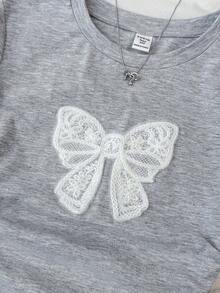 SHEIN 少女蕾丝边蝴蝶结装饰褶皱腰身修身短袖T恤，浅灰色 - 淺灰色 - 查看 4